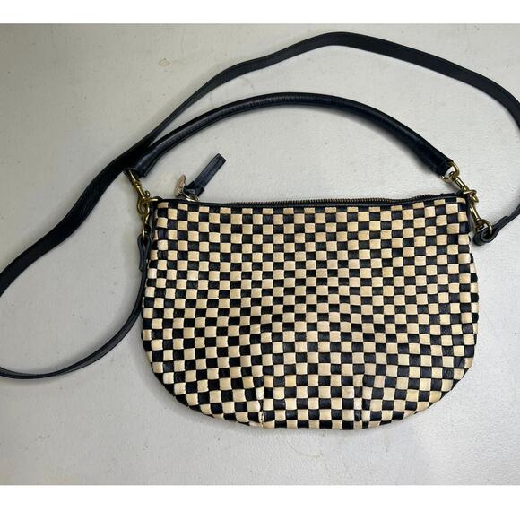 Clare V Los Angeles Petit Moyen Black Cream Woven Checkered Leather Bag Handbag - Picture 3 of 5